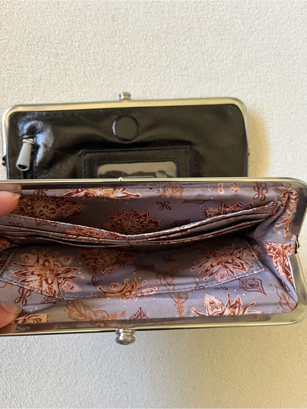 HOBO Black Floral Flower Embossed Leather Wallet Clutch Paisley Lining Silver
